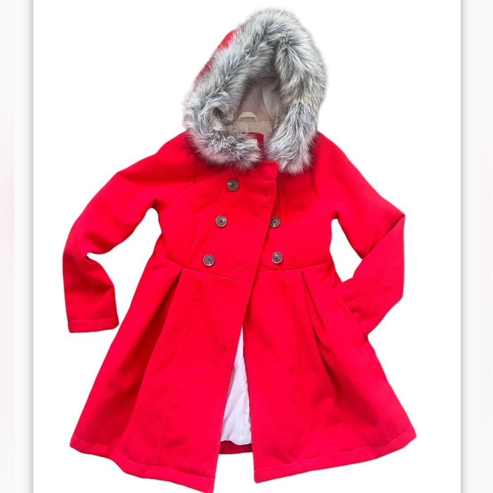 Girls red peacoat with fur hood